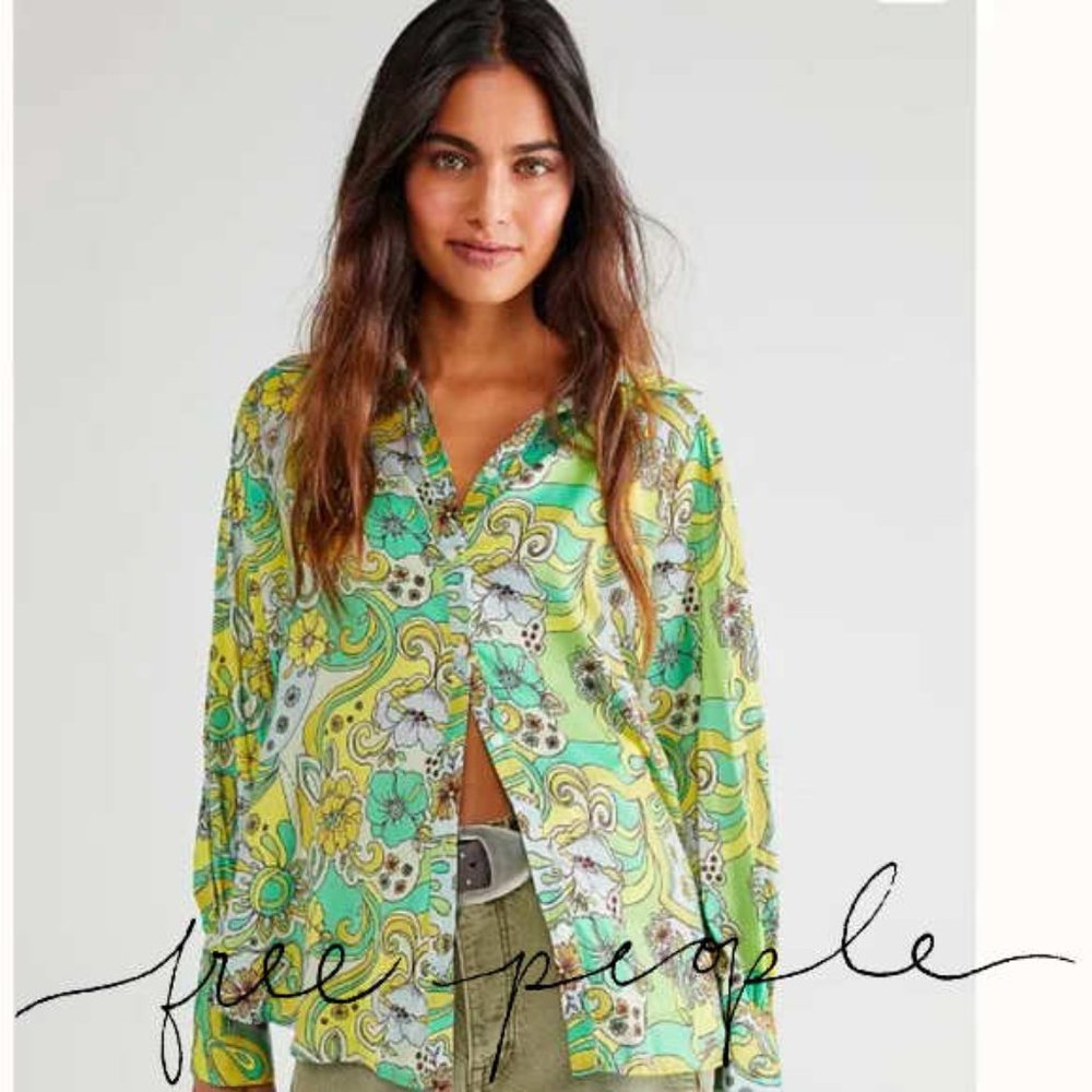 Free People Serena Retro Floral Printed Button-down Margarita Green Large